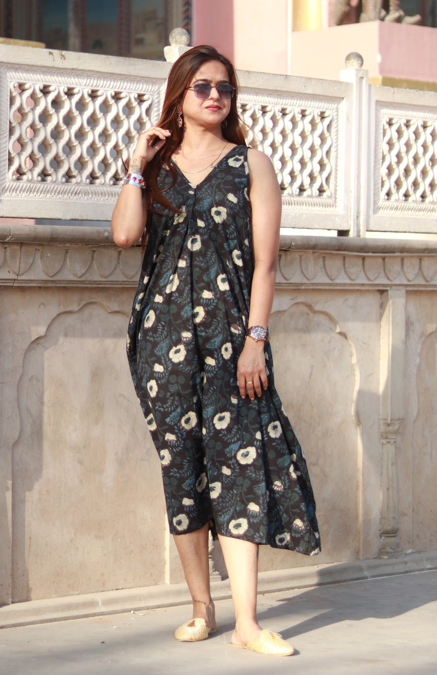 Handblock Printed A-Line Cotton Sleevless Dress for Women with Dual Side Pockets – Ethnic Wear