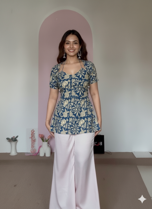 Trending Laila Corset in Pure Handblock Cotton | Adjustable Back Lace & Neck Tie | Sizes XS to 4XL | Handmade by House of the Handblock Jaipur