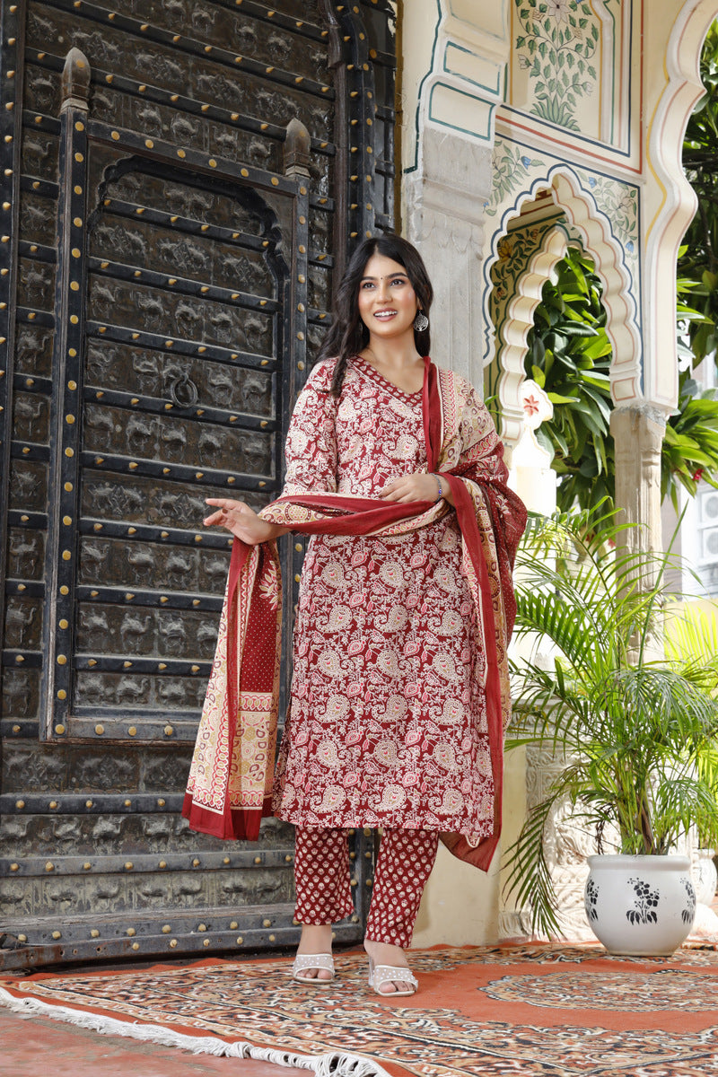 Festive Wear Jaipuri Cotton Suit Set for Women – Kurta, Pant & Dupatta- House Of The Handblock
