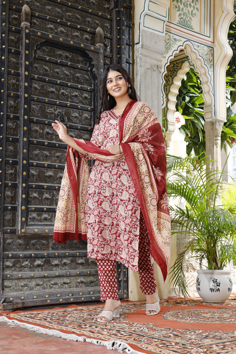 Festive Wear Jaipuri Cotton Suit Set for Women – Kurta, Pant & Dupatta- House Of The Handblock
