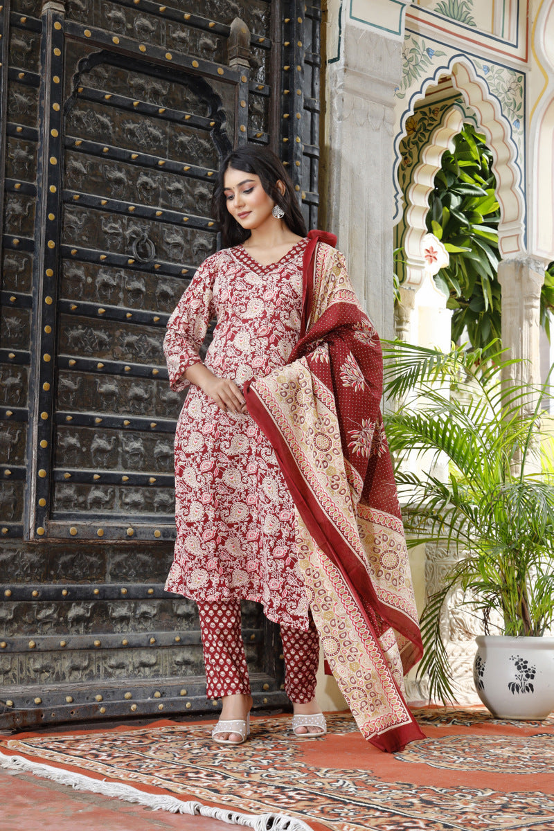 Festive Wear Jaipuri Cotton Suit Set for Women – Kurta, Pant & Dupatta- House Of The Handblock