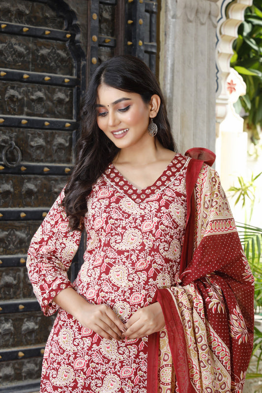 Festive Wear Jaipuri Cotton Suit Set for Women – Kurta, Pant & Dupatta- House Of The Handblock