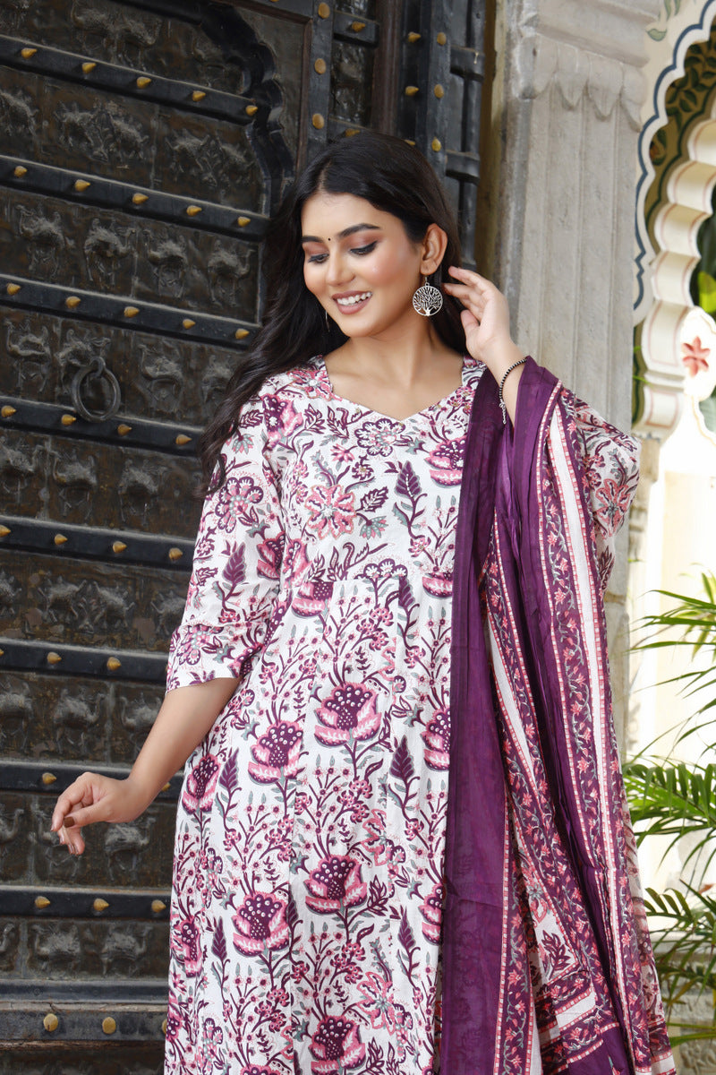 Festive Wear Jaipuri Cotton Suit Set for Women – Kurta, Pant & Dupatta- House Of The Handblock