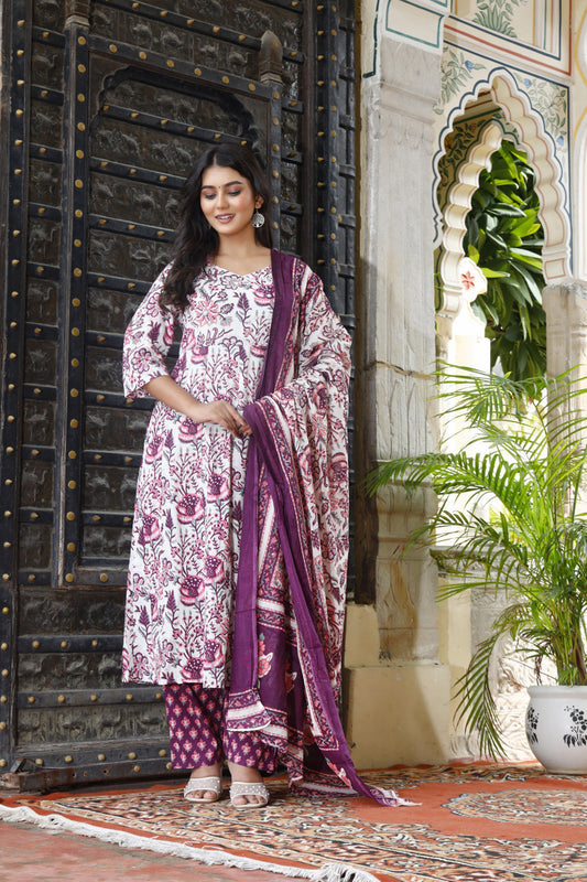 Festive Wear Jaipuri Cotton Suit Set for Women – Kurta, Pant & Dupatta- House Of The Handblock