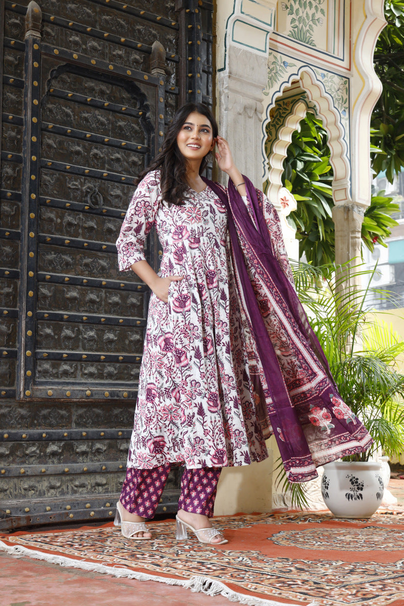 Festive Wear Jaipuri Cotton Suit Set for Women – Kurta, Pant & Dupatta- House Of The Handblock