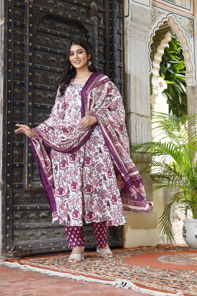 Festive Wear Jaipuri Cotton Suit Set for Women – Kurta, Pant & Dupatta- House Of The Handblock