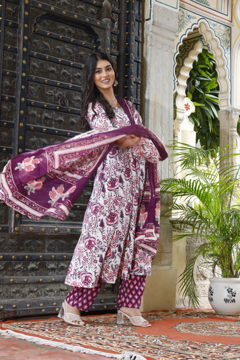 Festive Wear Jaipuri Cotton Suit Set for Women – Kurta, Pant & Dupatta- House Of The Handblock