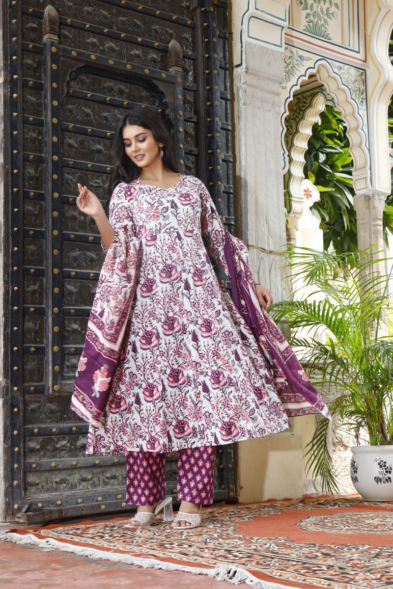 Festive Wear Jaipuri Cotton Suit Set for Women – Kurta, Pant & Dupatta- House Of The Handblock
