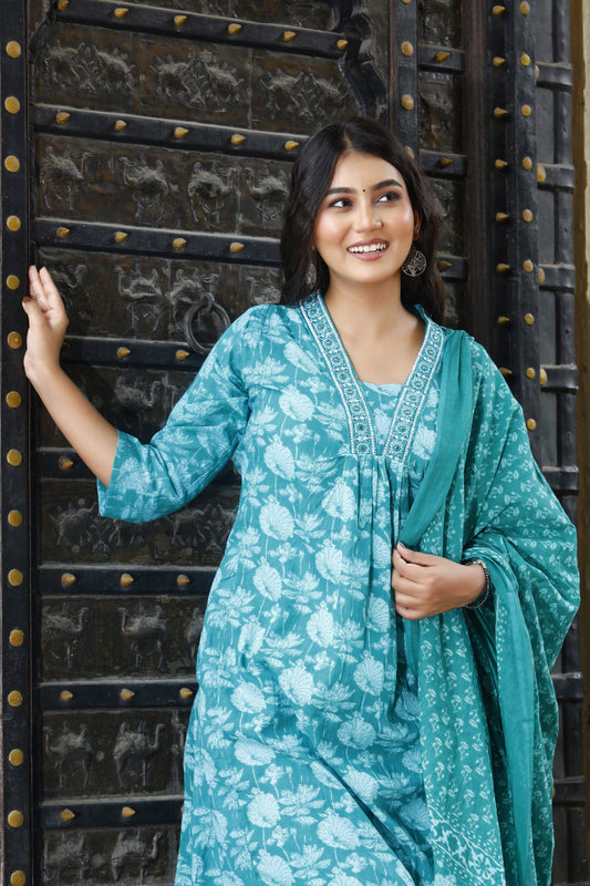 Festive Wear Jaipuri Cotton Suit Set for Women – Kurta, Pant & Dupatta- House Of The Handblock