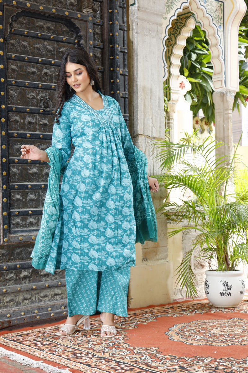 Festive Wear Jaipuri Cotton Suit Set for Women – Kurta, Pant & Dupatta- House Of The Handblock