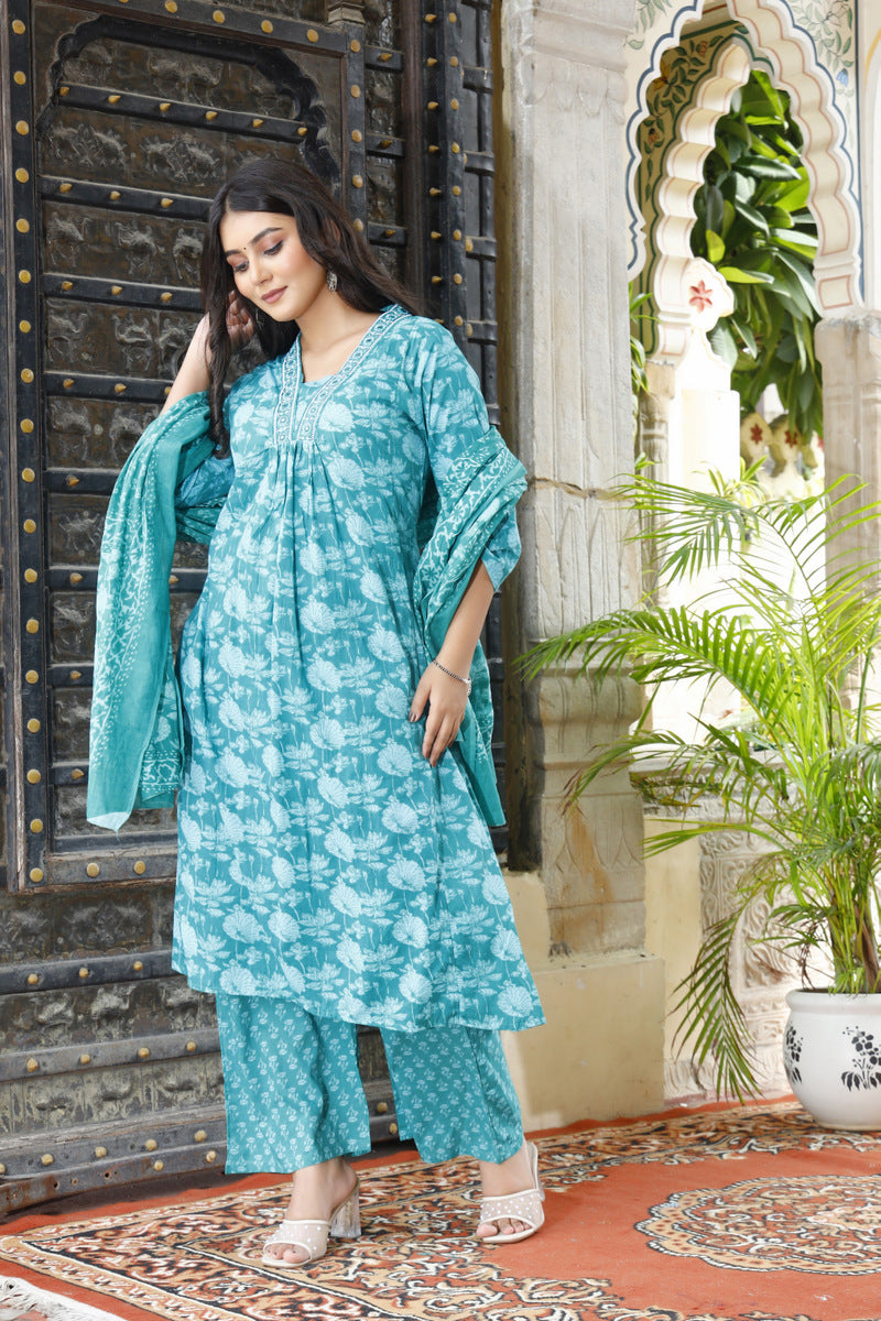 Festive Wear Jaipuri Cotton Suit Set for Women – Kurta, Pant & Dupatta- House Of The Handblock