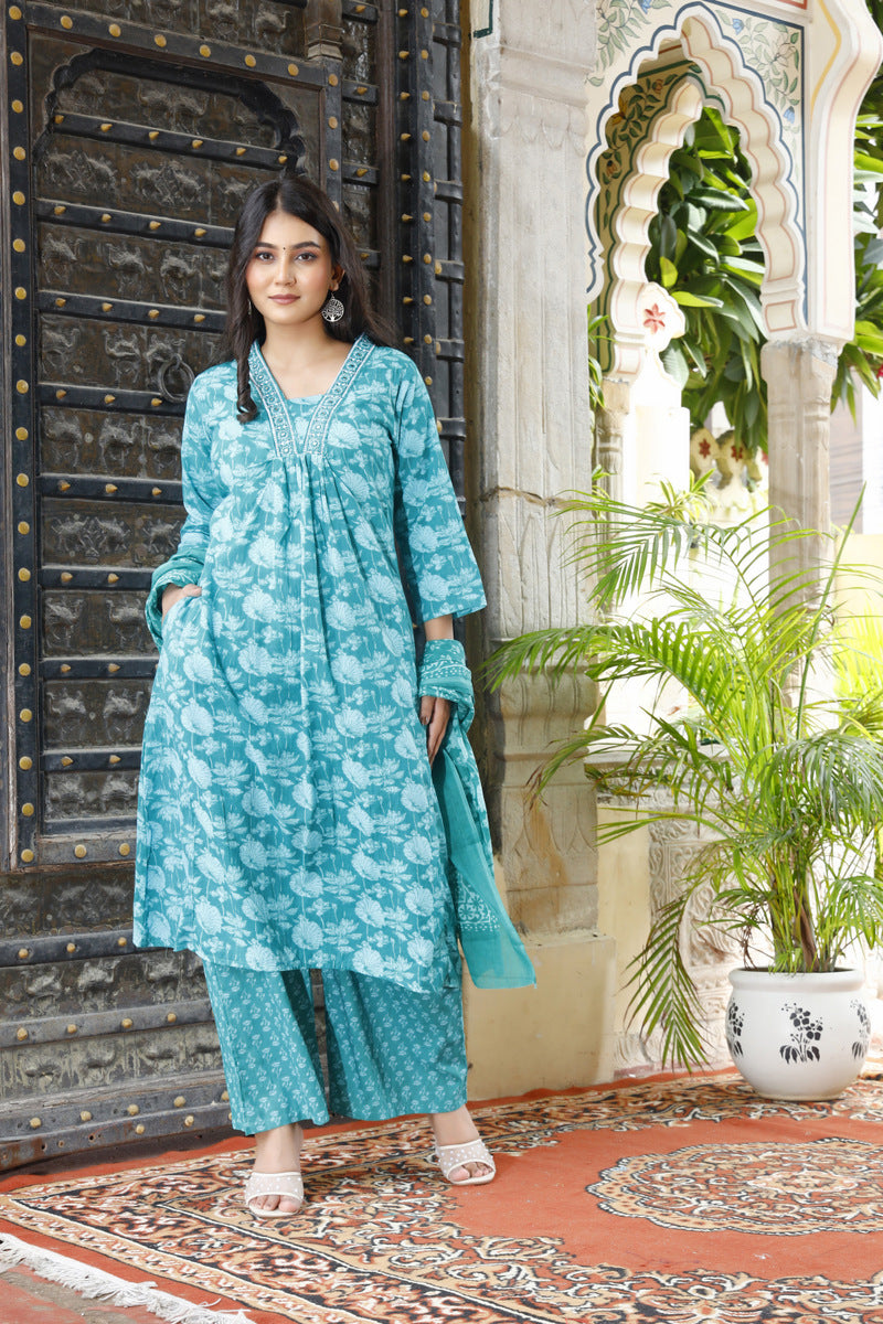 Festive Wear Jaipuri Cotton Suit Set for Women – Kurta, Pant & Dupatta- House Of The Handblock