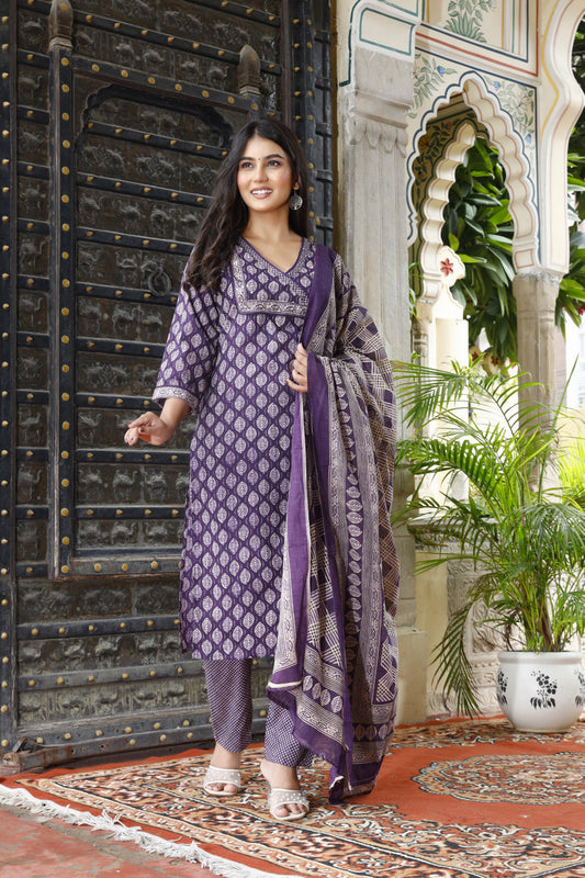 Festive Wear Jaipuri Cotton Suit Set for Women – Kurta, Pant & Dupatta- House Of The Handblock