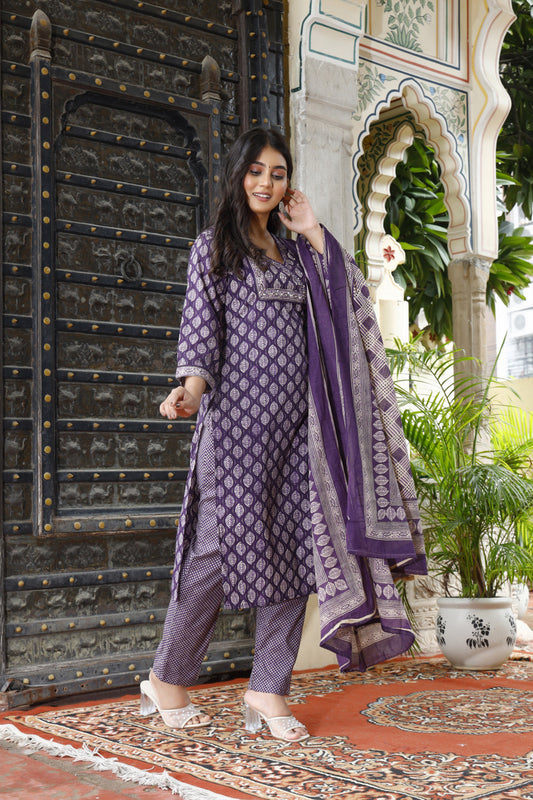 Festive Wear Jaipuri Cotton Suit Set for Women – Kurta, Pant & Dupatta- House Of The Handblock