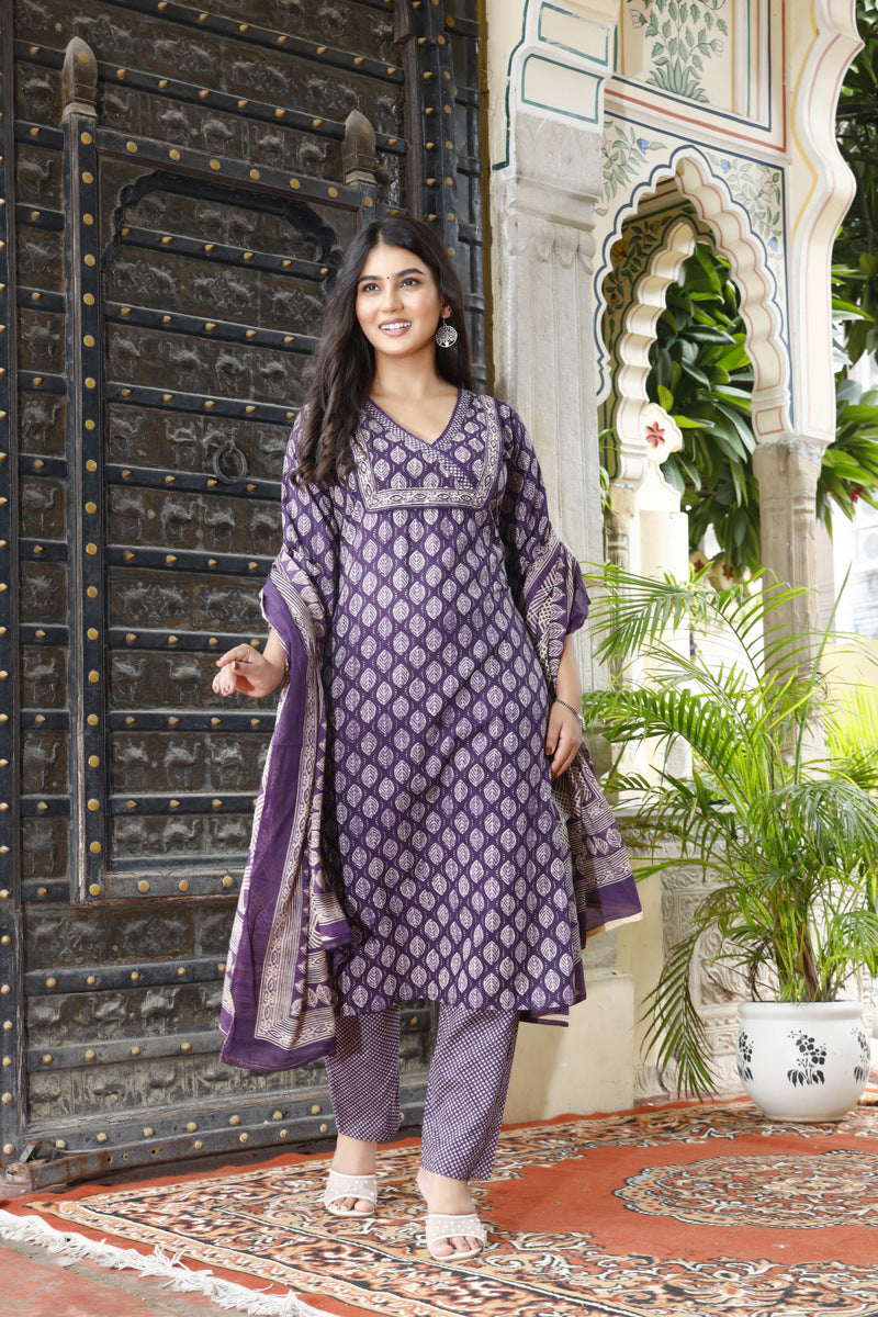 Festive Wear Jaipuri Cotton Suit Set for Women – Kurta, Pant & Dupatta- House Of The Handblock