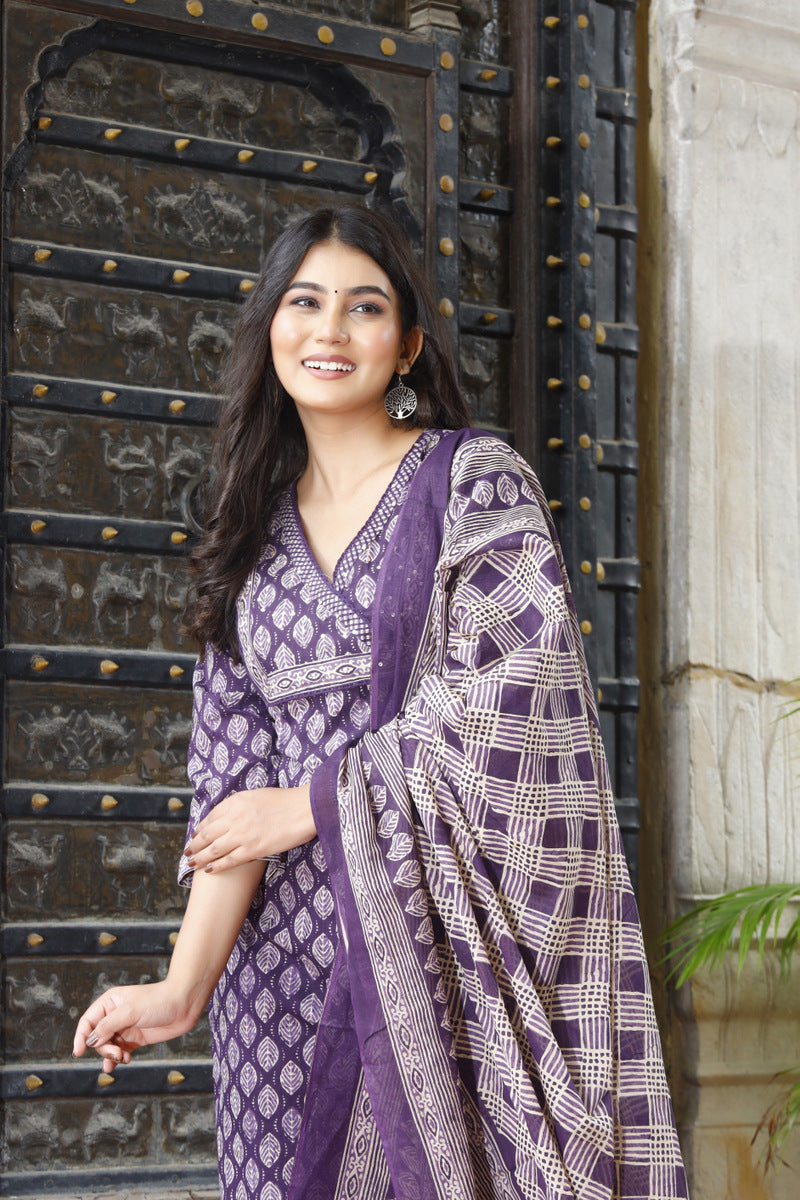 Festive Wear Jaipuri Cotton Suit Set for Women – Kurta, Pant & Dupatta- House Of The Handblock