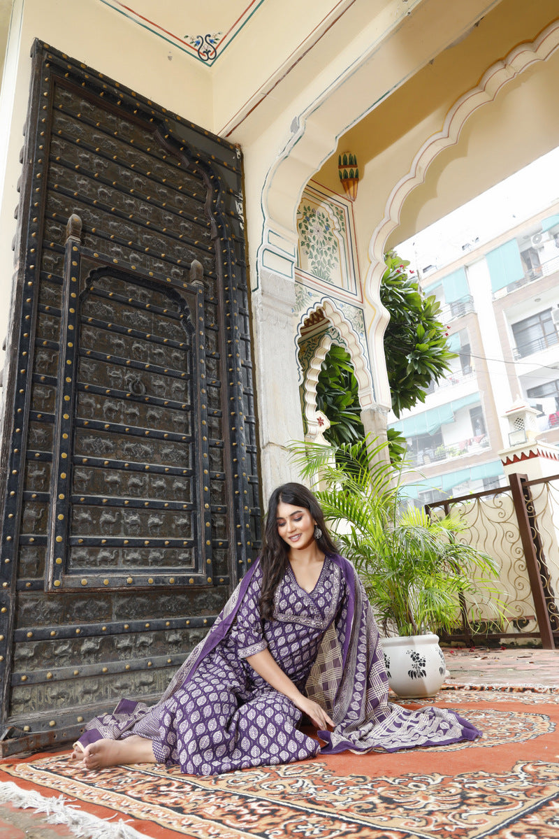 Festive Wear Jaipuri Cotton Suit Set for Women – Kurta, Pant & Dupatta- House Of The Handblock