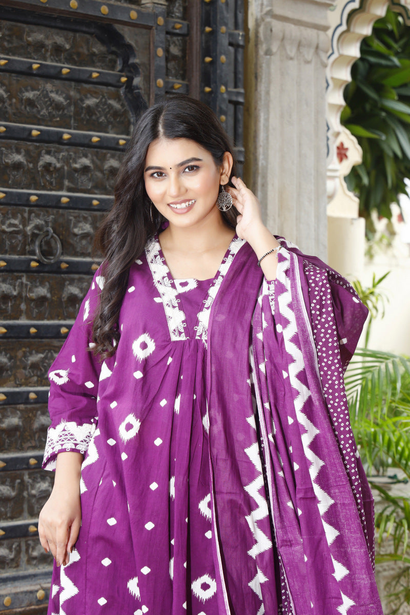 Festive Wear Jaipuri Cotton Suit Set for Women – Kurta, Pant & Dupatta- House Of The Handblock
