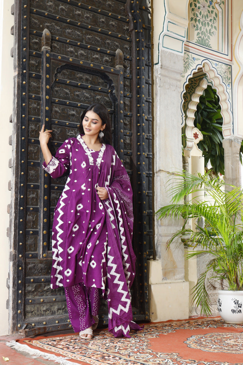 Festive Wear Jaipuri Cotton Suit Set for Women – Kurta, Pant & Dupatta- House Of The Handblock