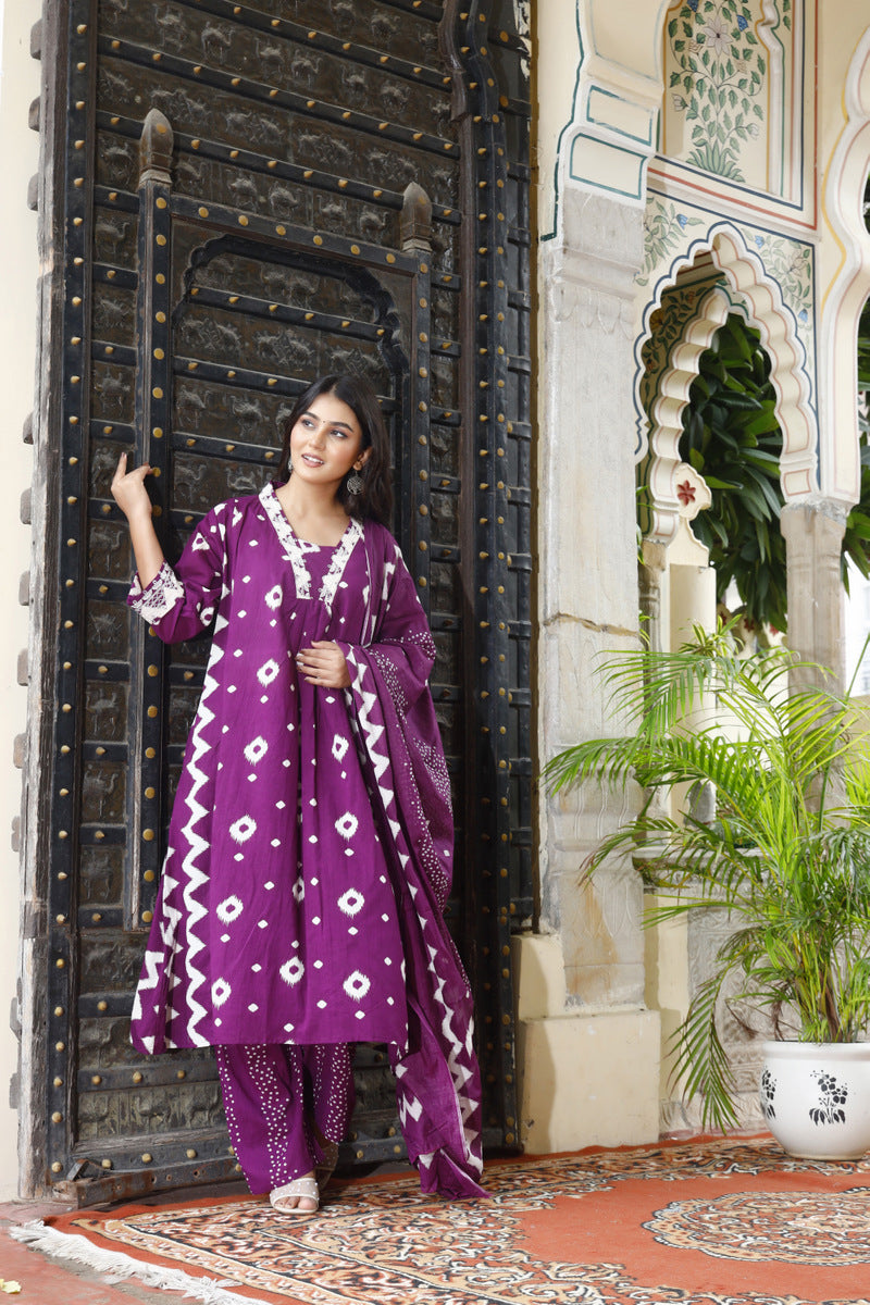 Festive Wear Jaipuri Cotton Suit Set for Women – Kurta, Pant & Dupatta- House Of The Handblock