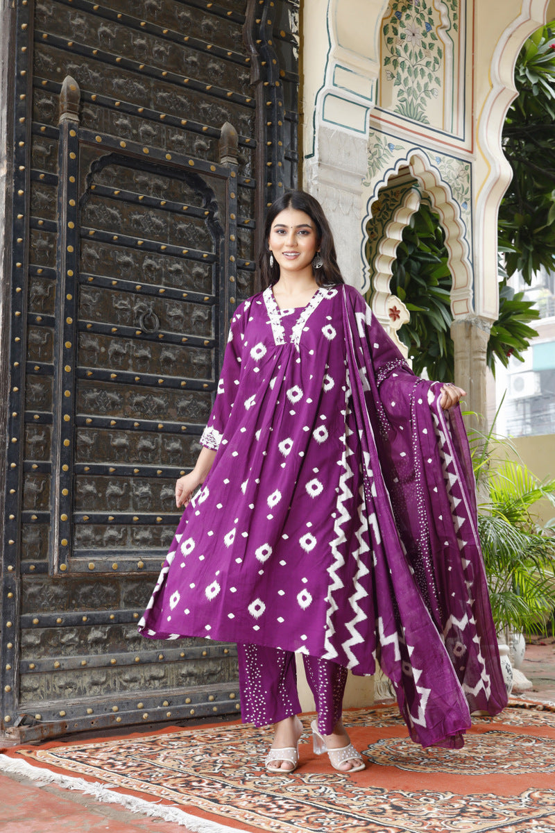 Festive Wear Jaipuri Cotton Suit Set for Women – Kurta, Pant & Dupatta- House Of The Handblock