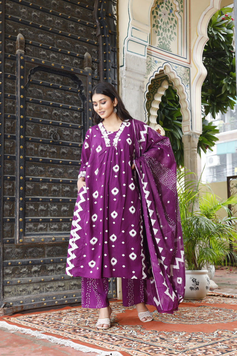 Festive Wear Jaipuri Cotton Suit Set for Women – Kurta, Pant & Dupatta- House Of The Handblock