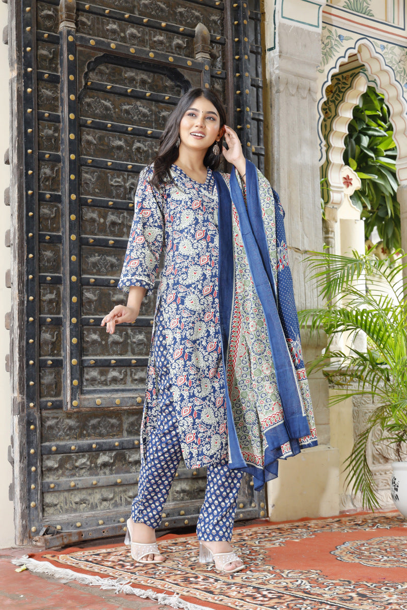Festive Wear Jaipuri Cotton Suit Set for Women – Kurta, Pant & Dupatta- House Of The Handblock