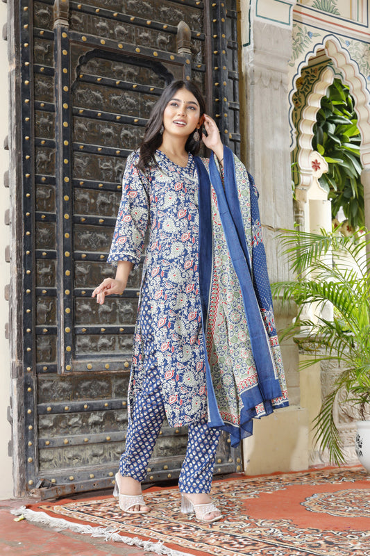 Festive Wear Jaipuri Cotton Suit Set for Women – Kurta, Pant & Dupatta- House Of The Handblock