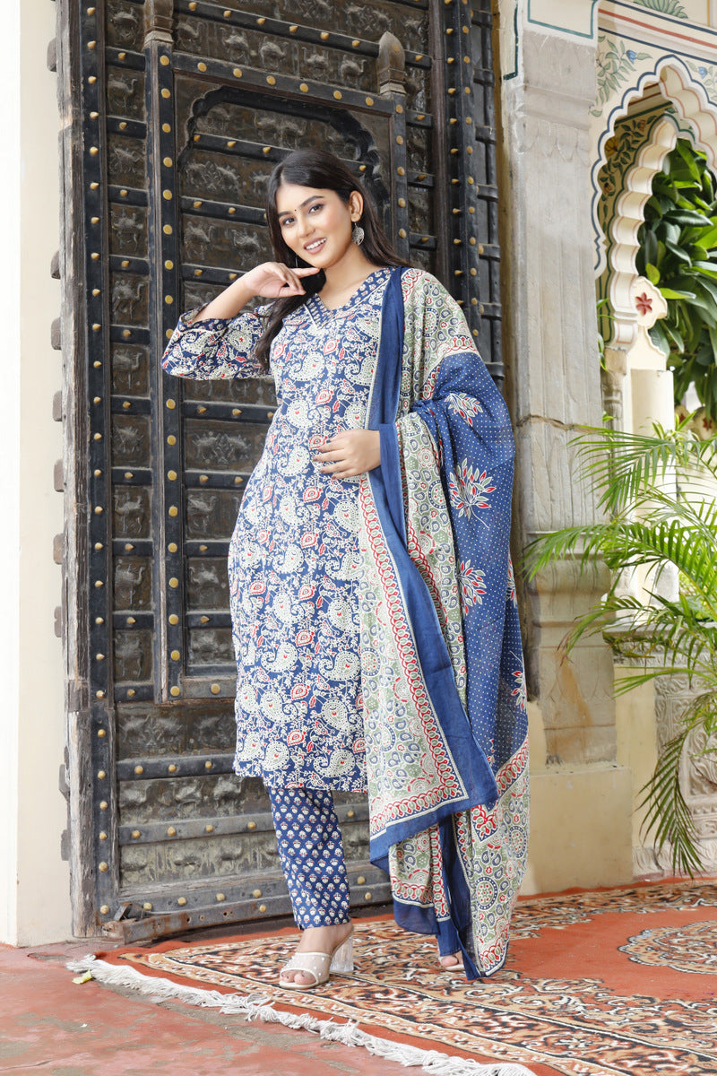 Festive Wear Jaipuri Cotton Suit Set for Women – Kurta, Pant & Dupatta- House Of The Handblock