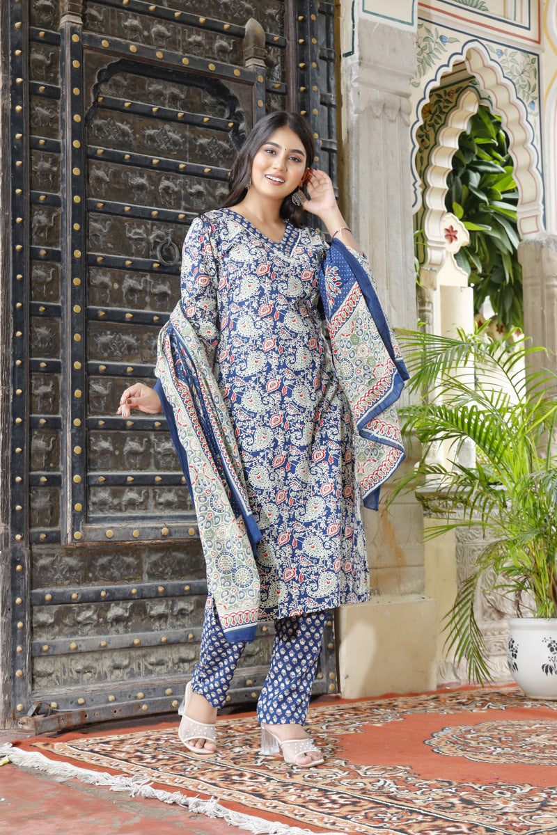 Festive Wear Jaipuri Cotton Suit Set for Women – Kurta, Pant & Dupatta- House Of The Handblock