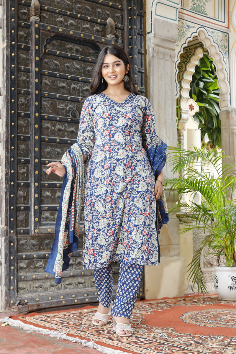 Festive Wear Jaipuri Cotton Suit Set for Women – Kurta, Pant & Dupatta- House Of The Handblock