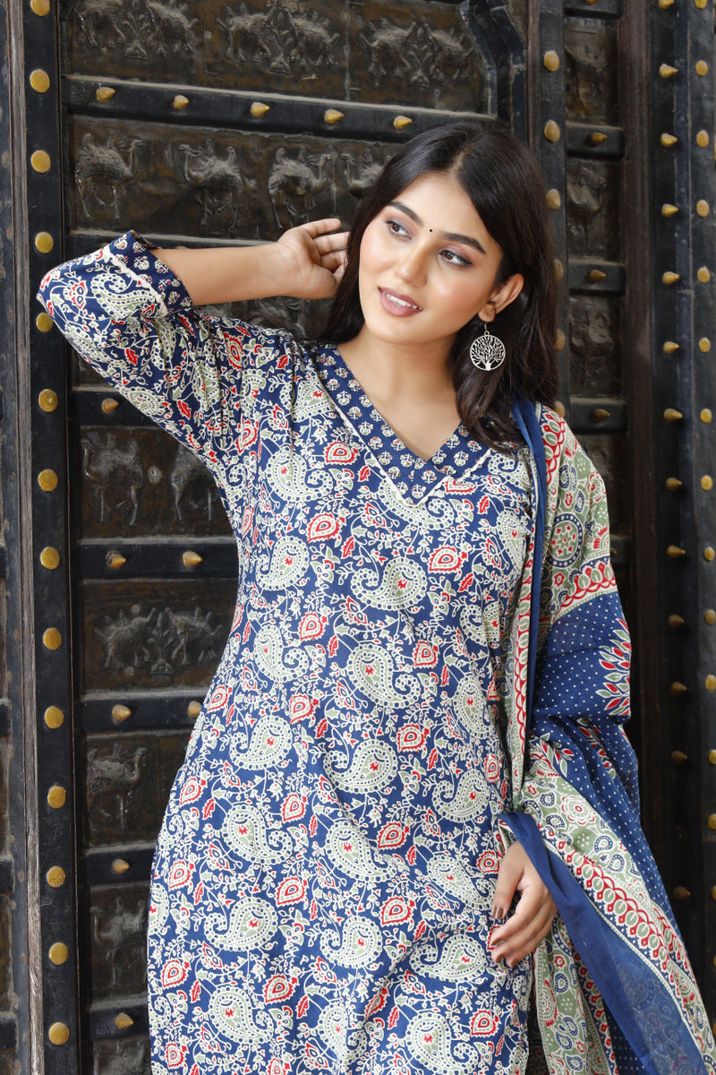 Festive Wear Jaipuri Cotton Suit Set for Women – Kurta, Pant & Dupatta- House Of The Handblock