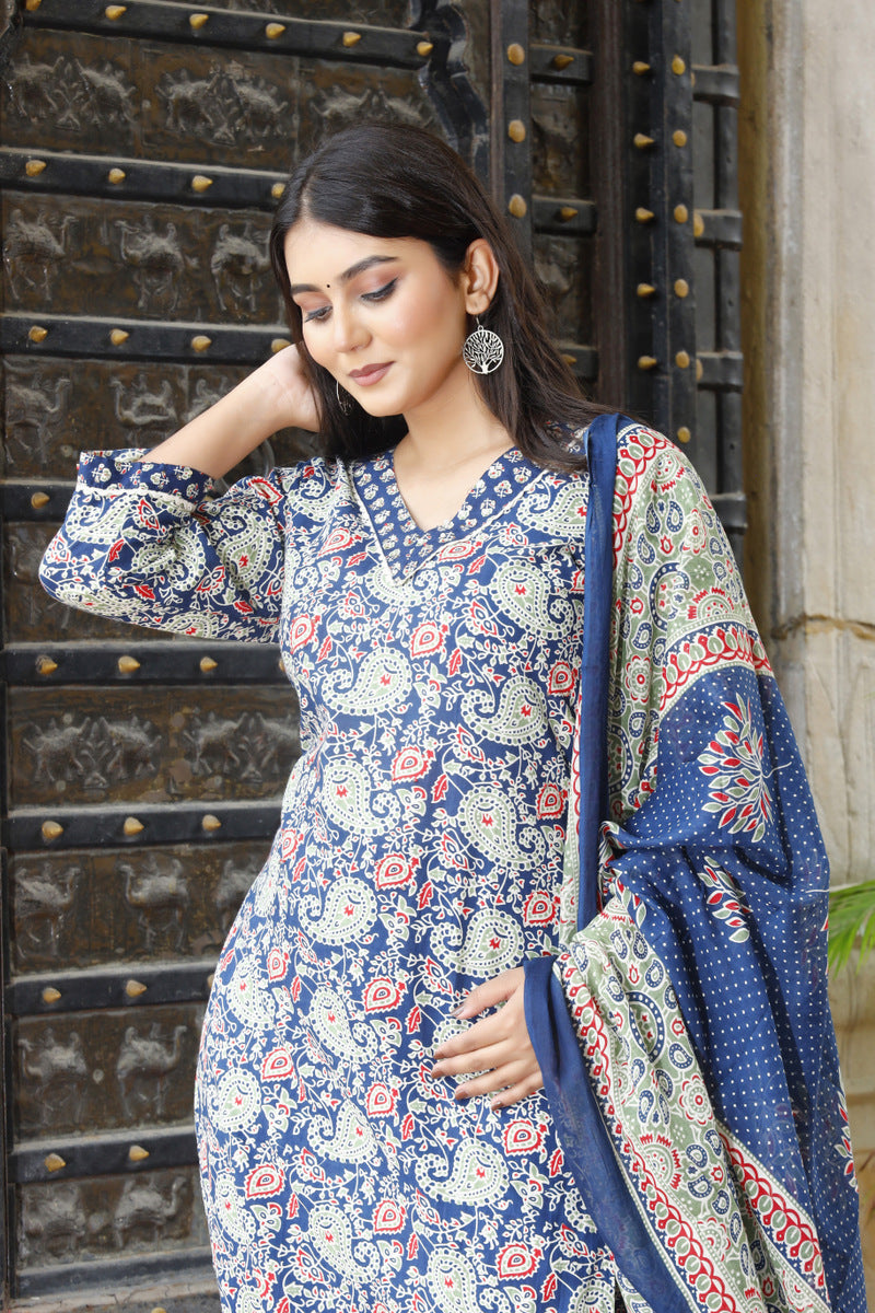 Festive Wear Jaipuri Cotton Suit Set for Women – Kurta, Pant & Dupatta- House Of The Handblock