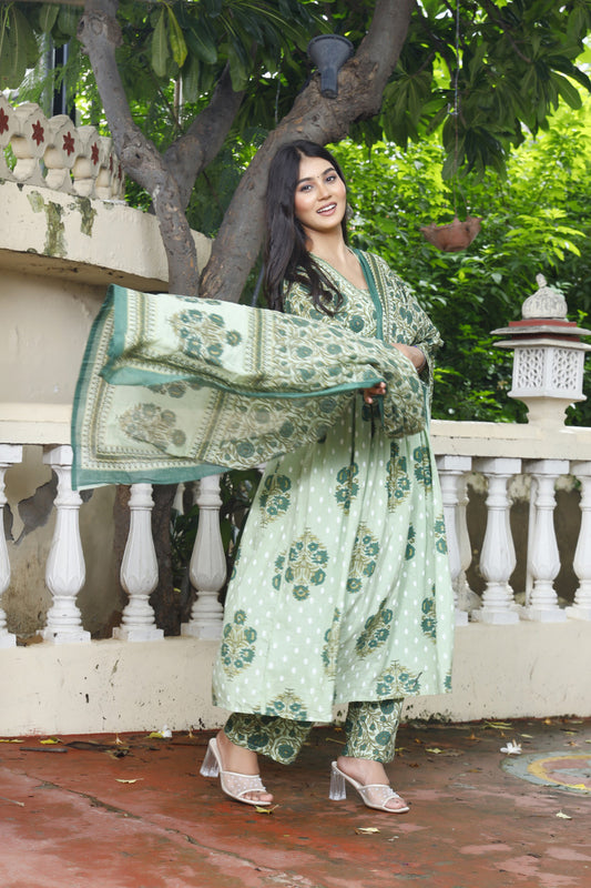 Festive Wear Jaipuri Cotton Suit Set for Women – Kurta, Pant & Dupatta- House Of The Handblock