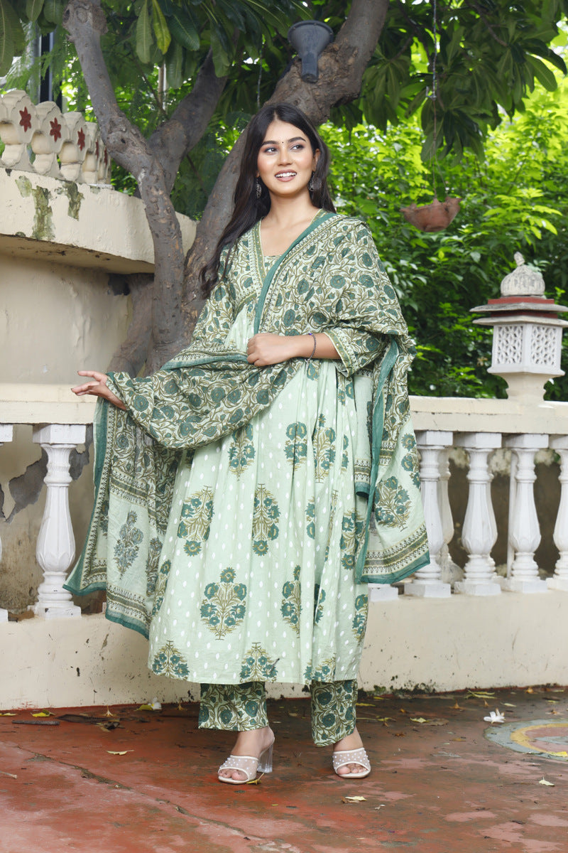 Festive Wear Jaipuri Cotton Suit Set for Women – Kurta, Pant & Dupatta- House Of The Handblock