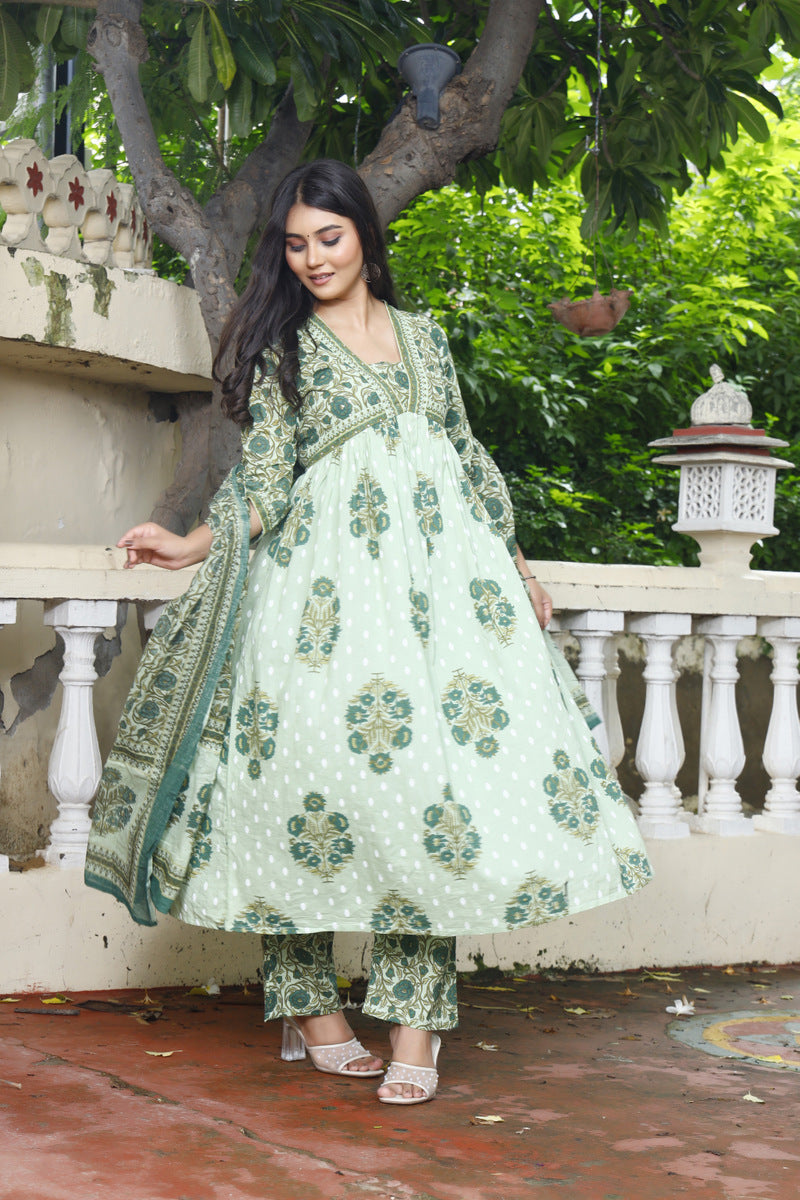 Festive Wear Jaipuri Cotton Suit Set for Women – Kurta, Pant & Dupatta- House Of The Handblock