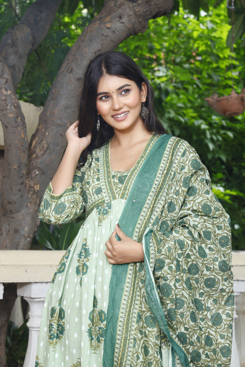 Festive Wear Jaipuri Cotton Suit Set for Women – Kurta, Pant & Dupatta- House Of The Handblock