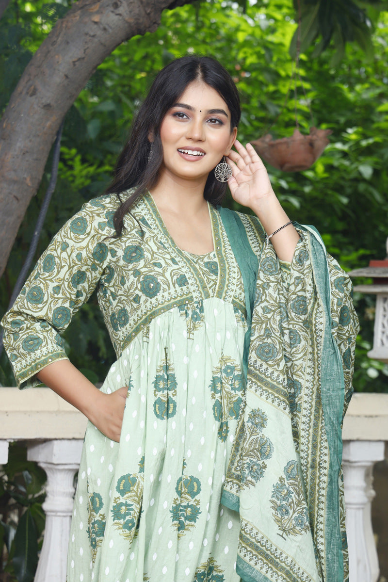Festive Wear Jaipuri Cotton Suit Set for Women – Kurta, Pant & Dupatta- House Of The Handblock