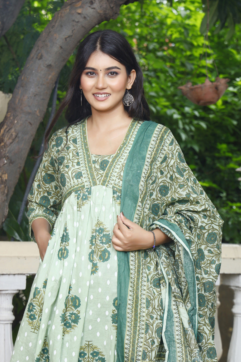 Festive Wear Jaipuri Cotton Suit Set for Women – Kurta, Pant & Dupatta- House Of The Handblock