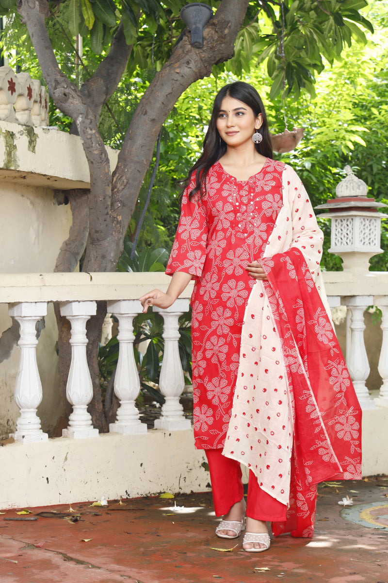 Festive Wear Jaipuri Cotton Suit Set for Women – Kurta, Pant & Dupatta- House Of The Handblock