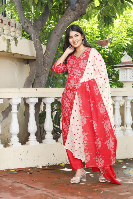 Festive Wear Jaipuri Cotton Suit Set for Women – Kurta, Pant & Dupatta- House Of The Handblock
