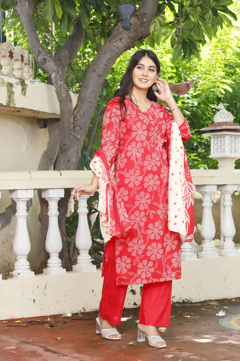 Festive Wear Jaipuri Cotton Suit Set for Women – Kurta, Pant & Dupatta- House Of The Handblock
