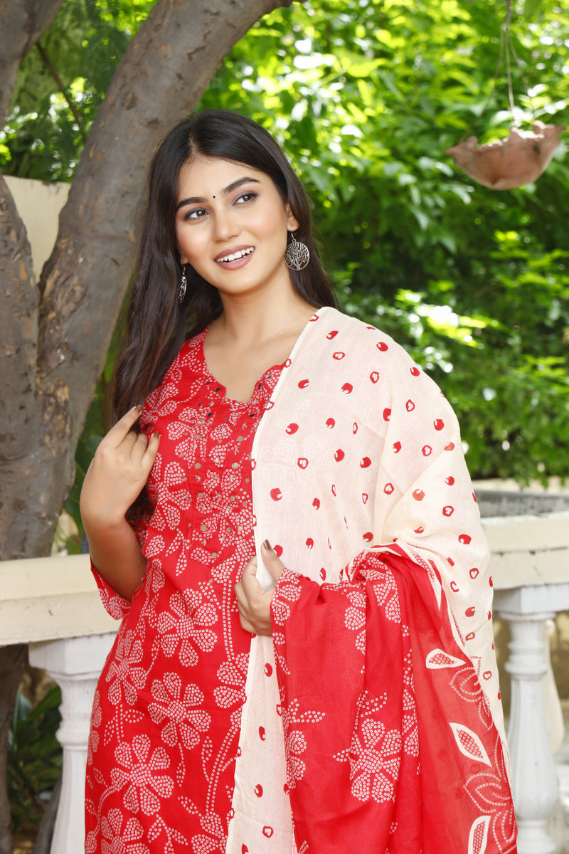 Festive Wear Jaipuri Cotton Suit Set for Women – Kurta, Pant & Dupatta- House Of The Handblock