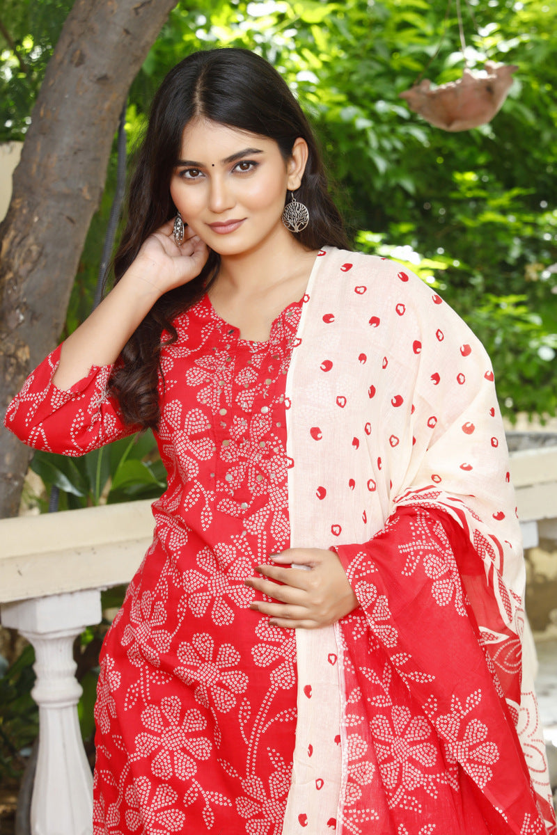 Festive Wear Jaipuri Cotton Suit Set for Women – Kurta, Pant & Dupatta- House Of The Handblock