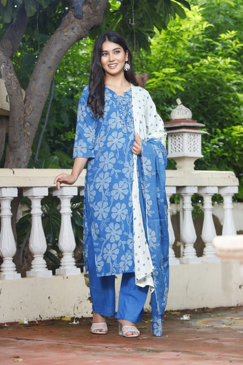 Festive Wear Jaipuri Cotton Suit Set for Women – Kurta, Pant & Dupatta- House Of The Handblock
