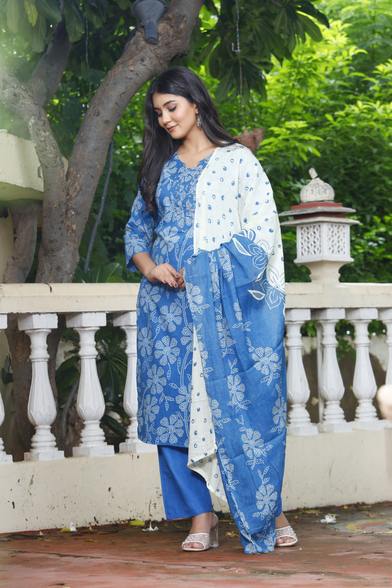 Festive Wear Jaipuri Cotton Suit Set for Women – Kurta, Pant & Dupatta- House Of The Handblock