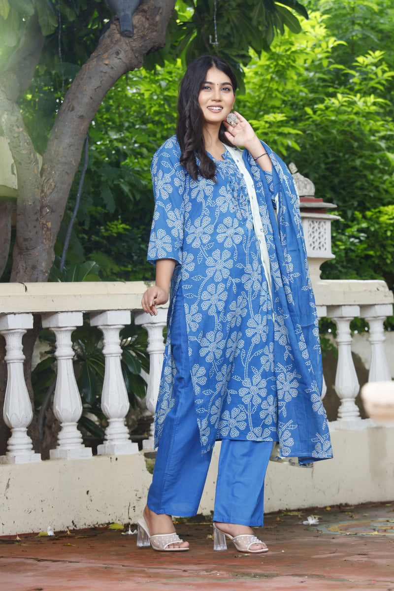 Festive Wear Jaipuri Cotton Suit Set for Women – Kurta, Pant & Dupatta- House Of The Handblock