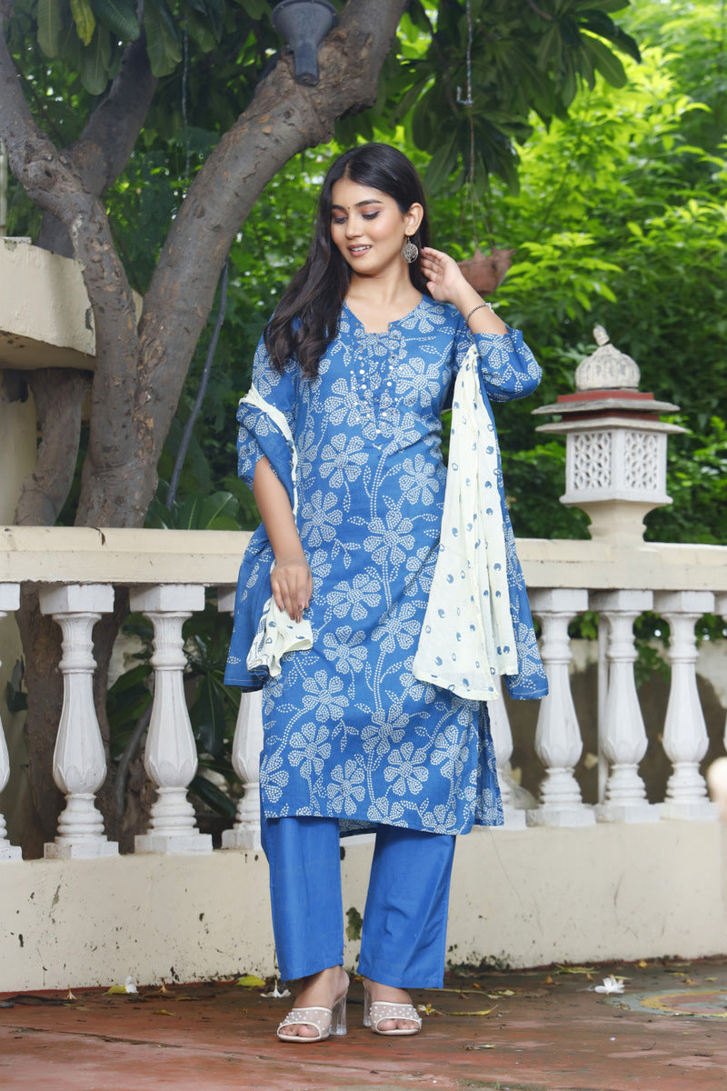 Festive Wear Jaipuri Cotton Suit Set for Women – Kurta, Pant & Dupatta- House Of The Handblock