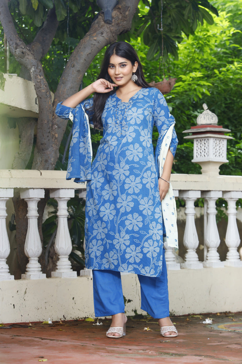 Festive Wear Jaipuri Cotton Suit Set for Women – Kurta, Pant & Dupatta- House Of The Handblock