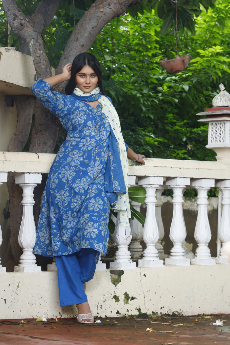 Festive Wear Jaipuri Cotton Suit Set for Women – Kurta, Pant & Dupatta- House Of The Handblock